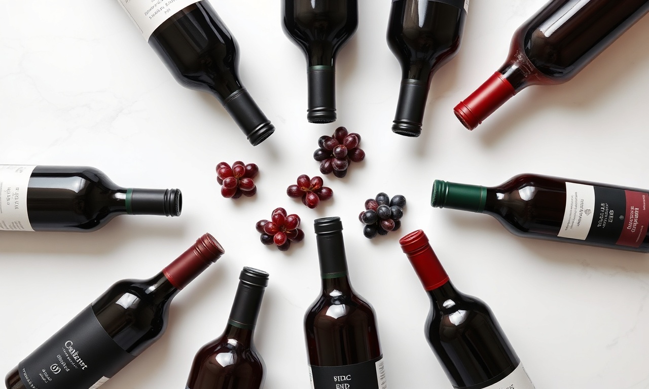 Os 10 tipos de vinhos tintos representados por suas garrafas e uvas características.