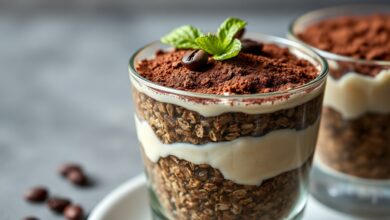 Taça de vidro transparente com camadas alternadas de aveia úmida de café e creme claro de iogurte, finalizada com uma generosa camada de cacau em pó escuro.