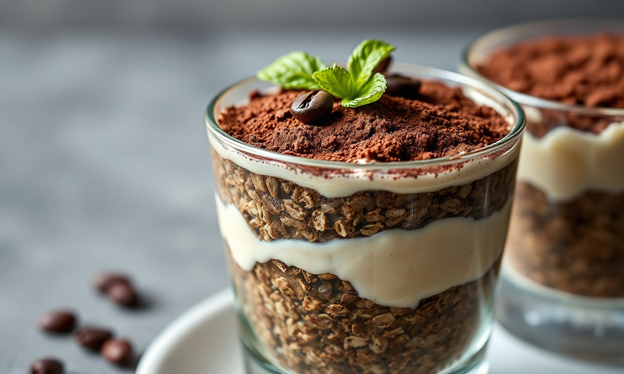 Taça de vidro transparente com camadas alternadas de aveia úmida de café e creme claro de iogurte, finalizada com uma generosa camada de cacau em pó escuro.