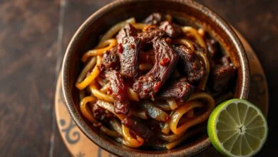 Tiras de carne seca douradas e crocantes, com cebola caramelizada e um toque de pimenta, prontas para servir.