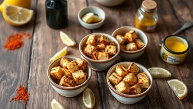 Cubos de tofu dourados e caramelizados, dispostos em quatro tigelas pequenas representando cada marinada, com ingredientes frescos ao redor.