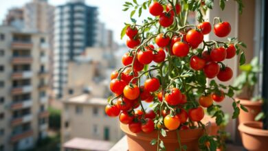 Planta de tomate cereja produtiva em vaso, com frutos vermelhos e cachos cheios, tutorada com bambu em um espaço de apartamento ensolarado.