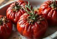 Tomates vermelhos assados, macios e brilhantes, recheados com um recheio cremoso de lentilhas e alecrim, servidos quentes em um prato de cerâmica rústica.
