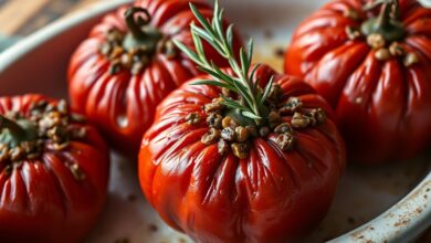 Tomates vermelhos assados, macios e brilhantes, recheados com um recheio cremoso de lentilhas e alecrim, servidos quentes em um prato de cerâmica rústica.