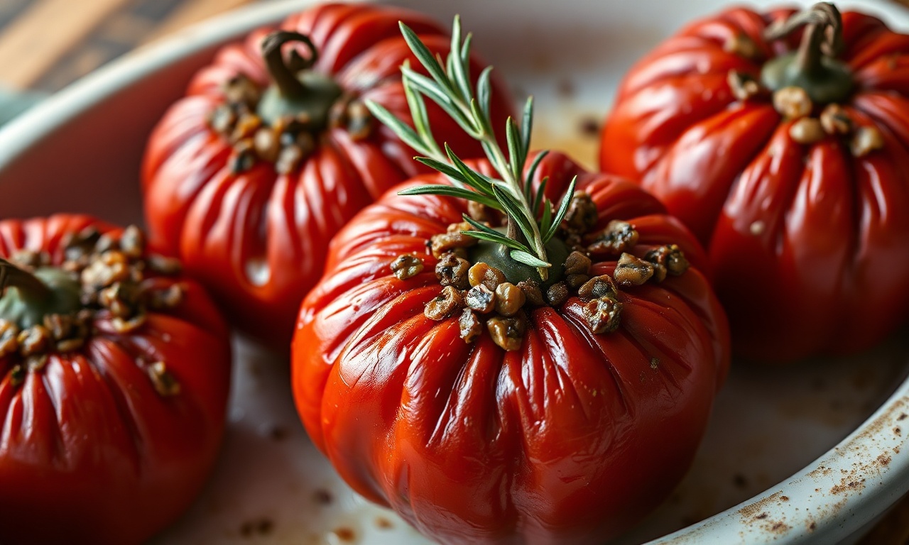 Tomate Recheado Com Lentilhas: Vegano, Saudável E Saboroso 3 Tomates vermelhos assados, macios e brilhantes, recheados com um recheio cremoso de lentilhas e alecrim, servidos quentes em um prato de cerâmica rústica.