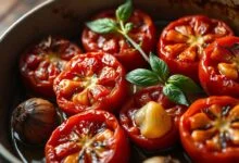 Tomates maduros e murchos, caramelizados nas bordas, com alho dourado e manjericão fresco, prontos para servir.