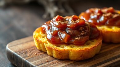 Fatias de bolo de milho douradas e crocantes, cobertas com uma camada generosa de goiabada derretida e caramelizada, finalizadas com canela.