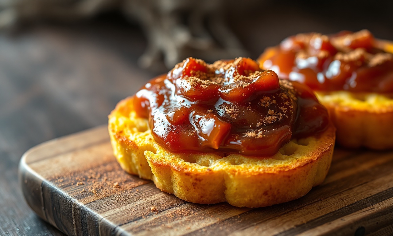 Fatias de bolo de milho douradas e crocantes, cobertas com uma camada generosa de goiabada derretida e caramelizada, finalizadas com canela.