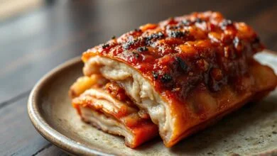 Pedaços de torresmo dourado com a pele estalante e camadas de gordura e carne macia, dispostos em um prato rústico.