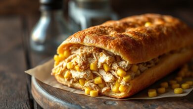Torta caipira dourada e fofa, fatiada, com recheio de frango e milho à mostra, sobre uma mesa rústica.