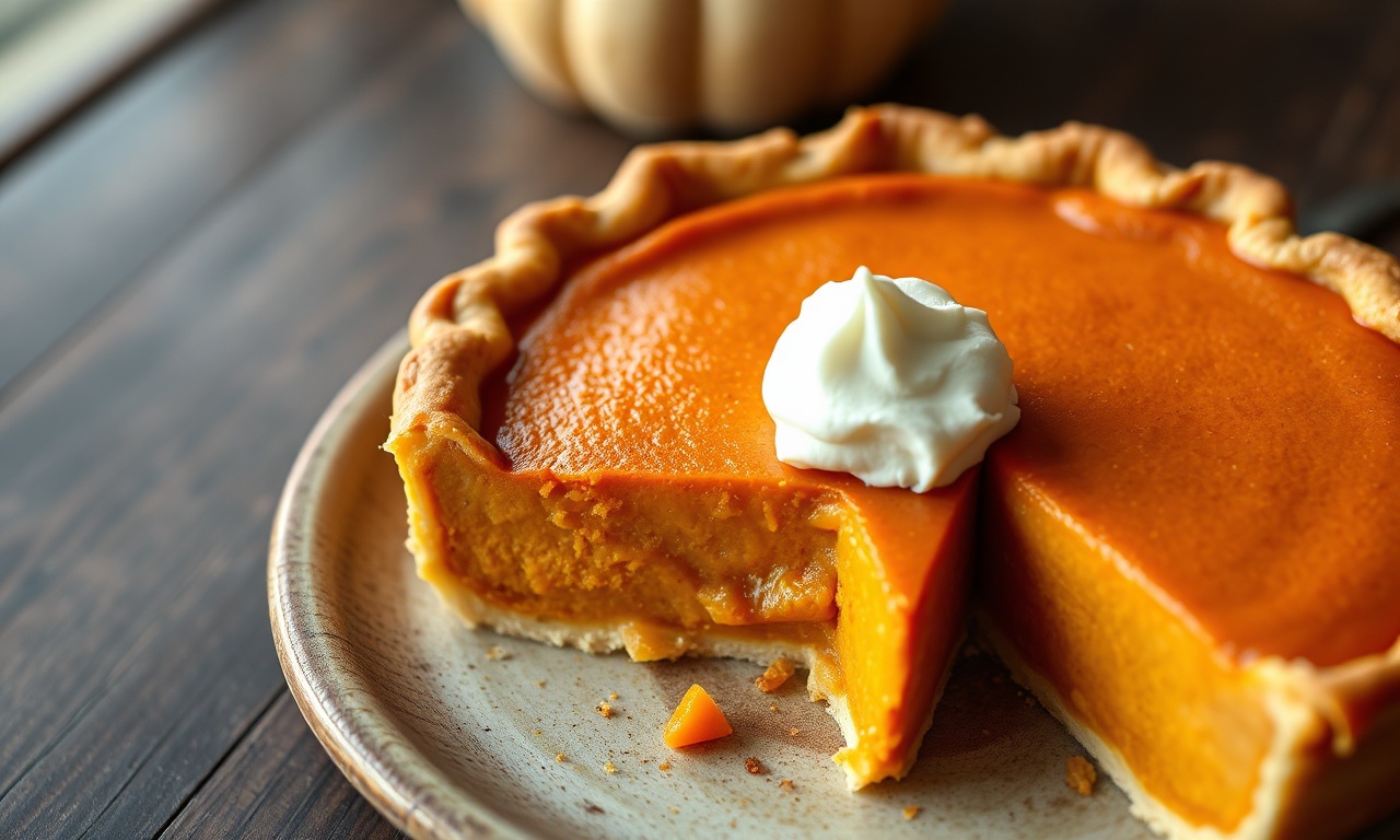 Torta De Abóbora Americana Cremosa E Sem Rachaduras 3 Torta de abóbora americana com recheio laranja-avermelhado, cremoso e uniforme, sobre massa folhada dourada, servida em um prato de cerâmica rústica, com uma fatia removida que revela a textura sedosa do interior.