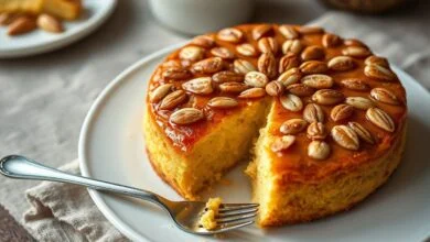 Torta redonda com topo dourado e brilhante de amêndoas caramelizadas, base macia visível na fatia, apresentada em prato de porcelana branca