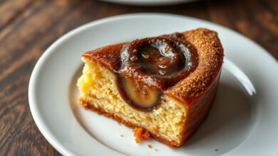 Uma fatia generosa de torta de bananada caseira, revelando a camada de purê de banana caramelizado entre o bolo úmido e dourado, polvilhada com canela.