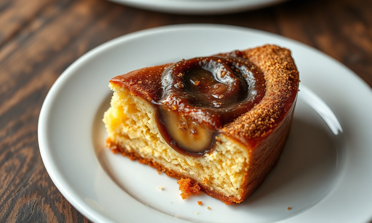 Uma fatia generosa de torta de bananada caseira, revelando a camada de purê de banana caramelizado entre o bolo úmido e dourado, polvilhada com canela.
