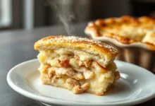 Torta gratinada com camada superior dourada de queijo parmesão, fatia generosa revelando o recheio cremoso de frango e o purê de batata firme.