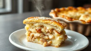 Torta gratinada com camada superior dourada de queijo parmesão, fatia generosa revelando o recheio cremoso de frango e o purê de batata firme.