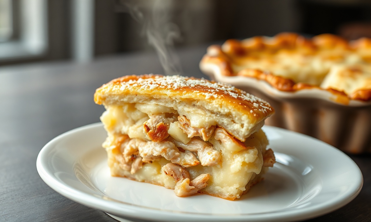 Torta gratinada com camada superior dourada de queijo parmesão, fatia generosa revelando o recheio cremoso de frango e o purê de batata firme.