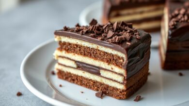 Torta de bolacha de chocolate fatiada, revelando camadas uniformes de bolacha maisena e creme aveludado de chocolate escuro.