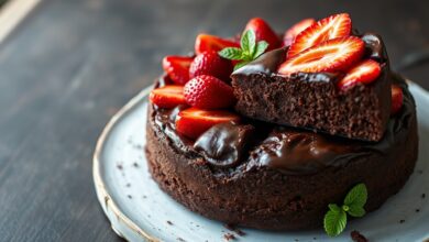 Torta de chocolate escura e brilhante, coberta com morangos frescos fatiados e um leve brilho de geleia, fatiada para revelar a textura úmida e cremosa.
