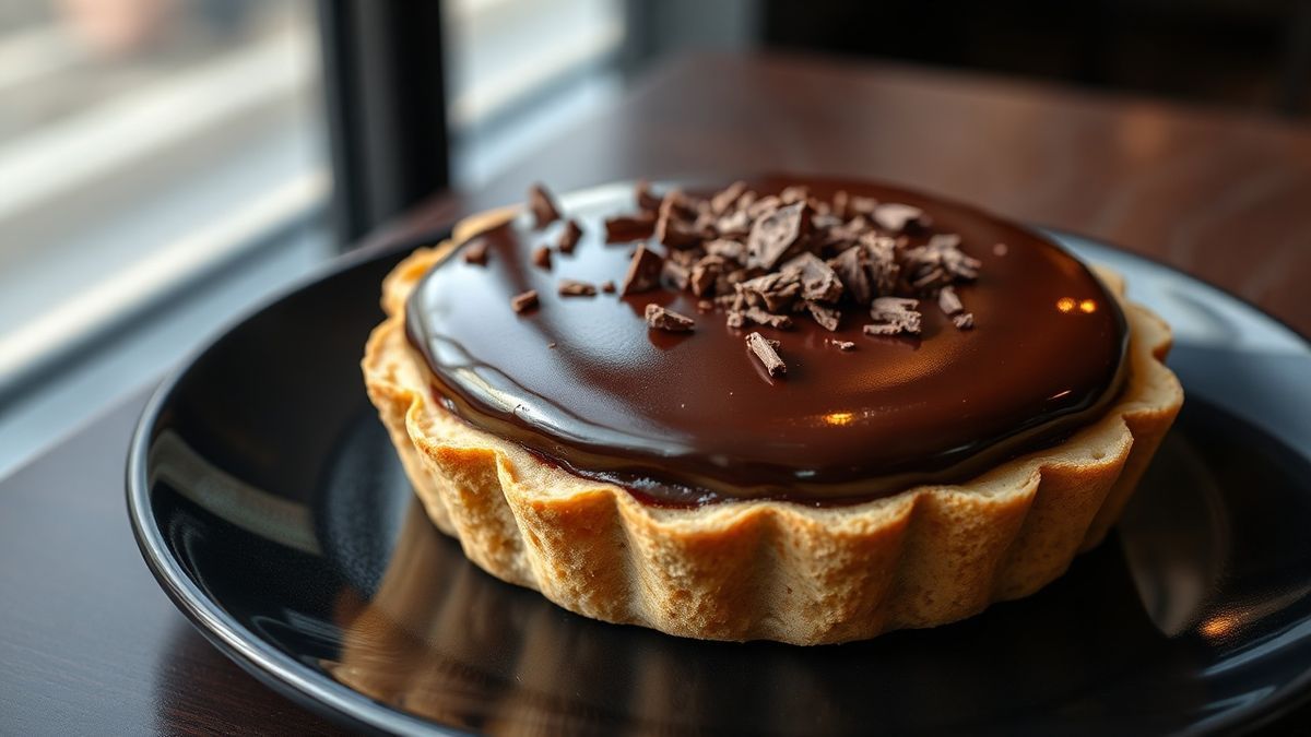 Torta de chocolate estruturada com cobertura de ganache brilhante e base crocante