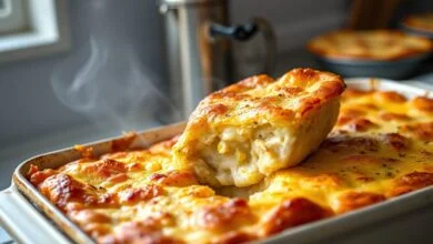 Torta retangular assada com cobertura de queijo parmesão gratinado e fatias mostrando o recheio suculento