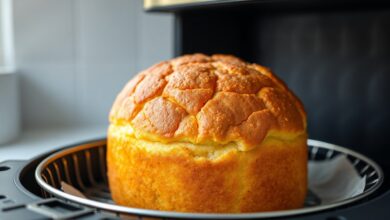 A torta inteira, dourada e fofa, recém-saída da Airfryer, pronta para ser servida.