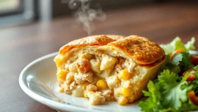 Torta de frango fit dourada e fatiada, revelando um recheio cremoso com pedaços de frango, milho e batata.