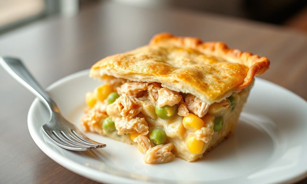 Uma fatia generosa de torta de frango fit com massa dourada e macia, recheio cremoso com pedaços de frango e vegetais, servida em um prato branco limpo.