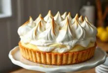 Torta inteira com picos de merengue levemente tostados e raspas de limão