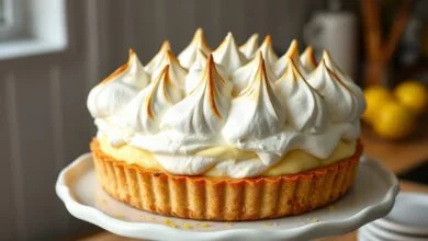 Torta inteira com picos de merengue levemente tostados e raspas de limão