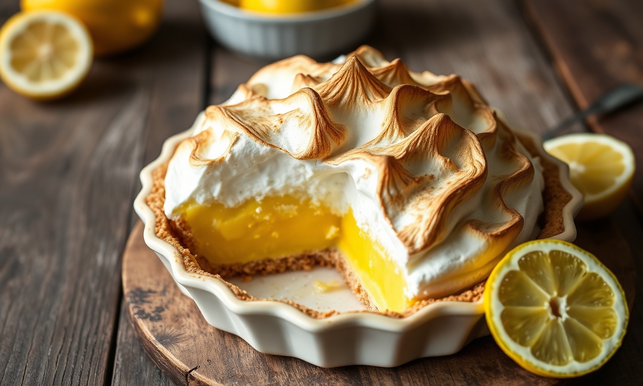 A torta inteira com merengue dourado em picos sobre o creme amarelo vibrante, em um prato de cerâmica.