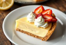 Fatia generosa de torta de limão com morango, com creme firme e amarelo pálido, base crocante de biscoito, cobertura de chantilly e morangos frescos fatiados.