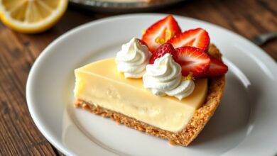 Fatia generosa de torta de limão com morango, com creme firme e amarelo pálido, base crocante de biscoito, cobertura de chantilly e morangos frescos fatiados.