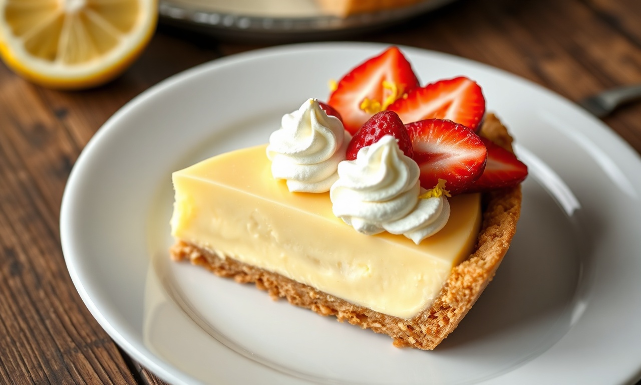 Fatia generosa de torta de limão com morango, com creme firme e amarelo pálido, base crocante de biscoito, cobertura de chantilly e morangos frescos fatiados.