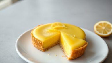 Uma torta de limão francesa inteira, com recheio de creme de limão liso e brilhante, cor amarelo-pálido, sobre uma base de massa dourada. Decorada discretamente com raspas de limão siciliano, fatiada para revelar a textura sedosa do interior.
