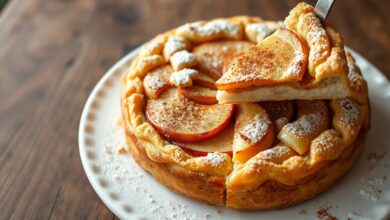 Torta de maçã inteira com cobertura dourada e crocante, fatias de maçã caramelizadas visíveis no centro, polvilhada com canela.