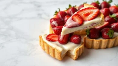 Torta gelada com base dourada de biscoito, creme de baunilha aveludado e morangos frescos brilhantes dispostos em espiral, fatia generosa sendo servida.