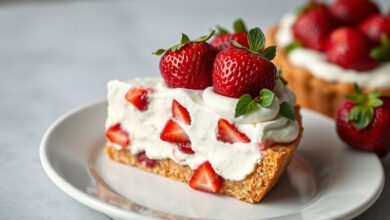 Torta de morango gelada com recheio cremoso branco, base de biscoito dourada e morangos frescos inteiros sobre o creme aveludado.