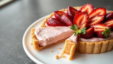 Torta de morango vegana inteira e fatiada, com base de biscoito dourada, recheio cremoso de cor rosa pálido e cobertura de morangos frescos fatiados com leve brilho de geleia.