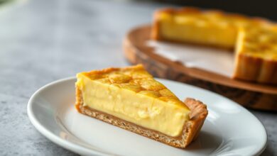 A torta finalizada, com a superfície dourada e rachada levemente no centro, fatiada para revelar o interior aveludado.
