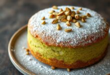 Torta inteira redonda de pistache com cor verde natural vibrante, polvilhada com açúcar de confeiteiro e decorada com pistaches torrados picados sobre fundo rústico.