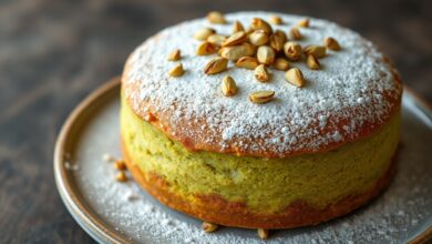 Torta inteira redonda de pistache com cor verde natural vibrante, polvilhada com açúcar de confeiteiro e decorada com pistaches torrados picados sobre fundo rústico.