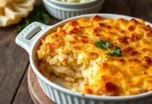 Torta salgada dourada com superfície crocante, fatiada para revelar o interior cremoso com repolho fatiado e queijo derretido.