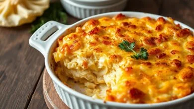 Torta salgada dourada com superfície crocante, fatiada para revelar o interior cremoso com repolho fatiado e queijo derretido.