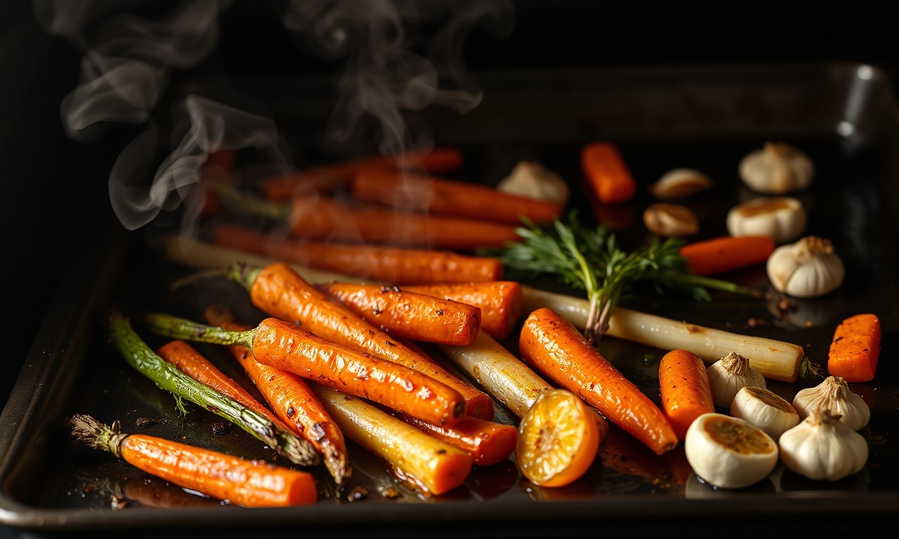Legumes dourados e caramelizados saindo do forno, prontos para virar caldo.