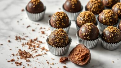 Trufas perfeitamente esféricas cobertas com granulado fino dourado, dispostas em forminhas de papel prateado sobre superfície de mármore branco, com lascas de chocolate ao fundo.