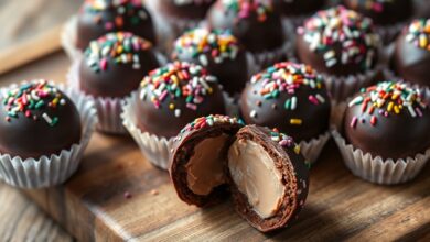 Trufas de chocolate escuras e redondas, com cobertura de granulado colorido, dispostas em forminhas de papel sobre uma bandeja de madeira rústica.