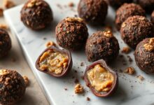 Trufas de tâmara esféricas com casca crocante de nozes e cacau, dispostas artisticamente em um prato.