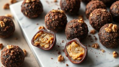 Trufas de tâmara esféricas com casca crocante de nozes e cacau, dispostas artisticamente em um prato.