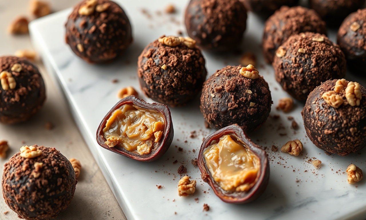 Trufas de tâmara esféricas com casca crocante de nozes e cacau, dispostas artisticamente em um prato.